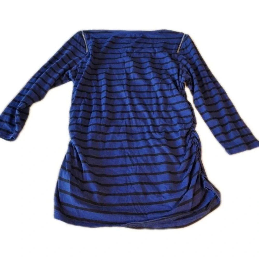 Michael Kors  3/4 Sleeve Round Neck Ruched Sides Top Size L Navy‎ Black Striped